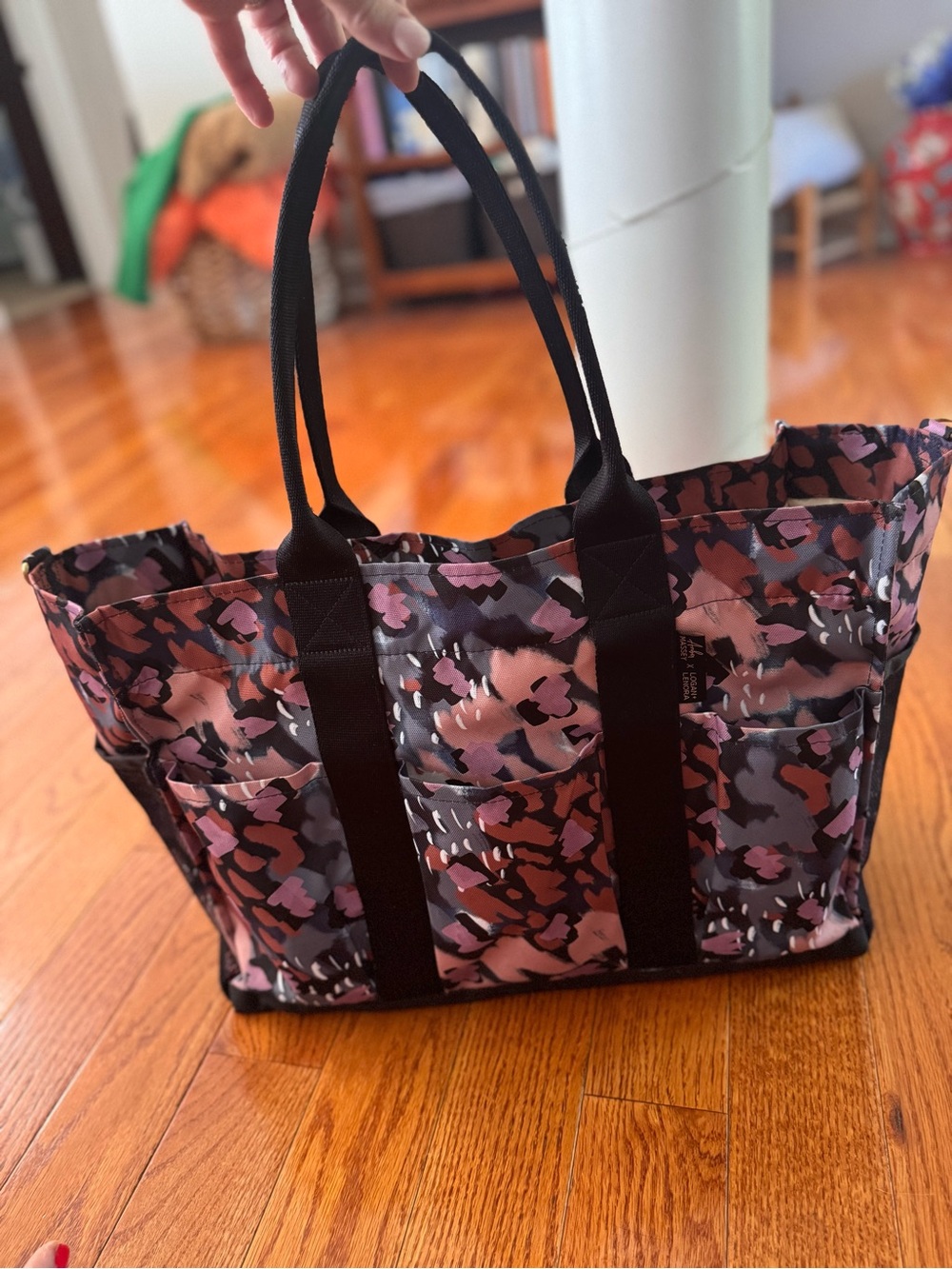 Pink Camo Print Tote Bag with Black Straps